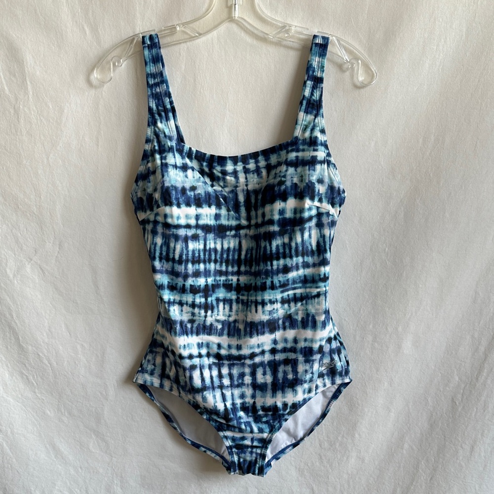 Speedo blue, white, and black tie-dye square neck one-piece swimsuit, size L